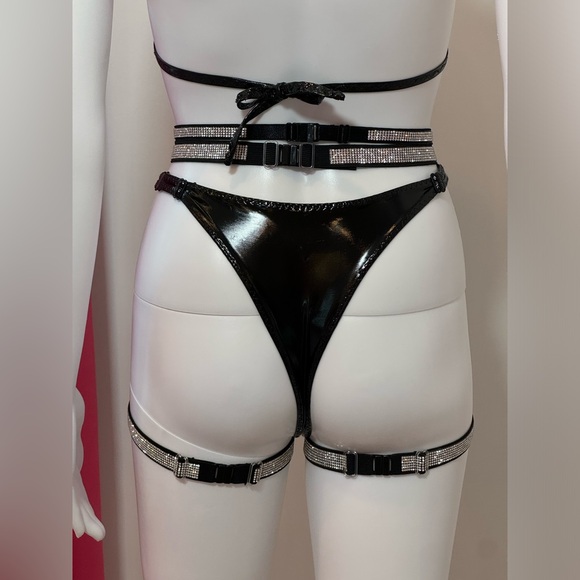 Black Vinyl Mesh Rhinestone Lingerie Set 4 Pieces, XS Custom - Picture 5 of 13